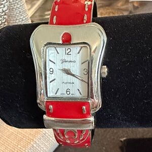 Guess Red Metal Strap Women's Watch with Silver Cuff Case